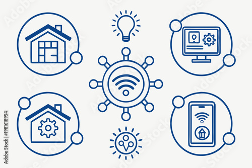 A vector graphic illustrating smart home technology with various connected devices and icons