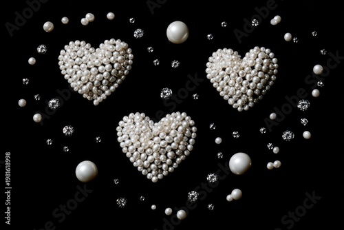 Heart shapes are formed from pearls, diamonds scattered on a dark black background