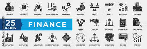 Finance Icon Set. Containing finance, liquidity, solvency, profitability, leverage, capital, equity, debt, revenue, expense, asset and more. Simple Solid Icon Vector Illustration.