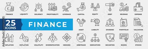 Finance Icon Set. Containing finance, liquidity, solvency, profitability, leverage, capital, equity, debt, revenue, expense, asset and more. Simple Line Icon Vector Illustration.