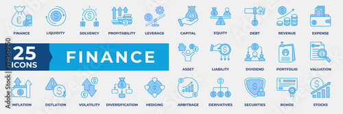 Finance Icon Set. Containing finance, liquidity, solvency, profitability, leverage, capital, equity, debt, revenue, expense, asset and more. Simple Blue Icon Vector Illustration.