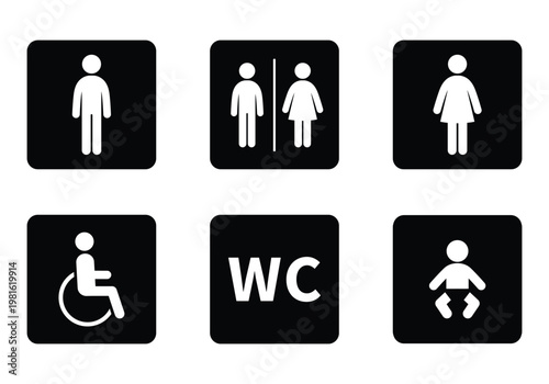 Simple restroom WC toilet icons for public and private use. Clean design fits any signage or digital display. Icons show gender, accessibility, and children's facilities. No people or animals depicted