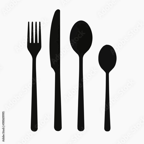 Minimalist Cutlery Silhouette: A stark silhouette of a fork, knife, spoon, and teaspoon against a plain background, embodying simplicity and elegant dining.
