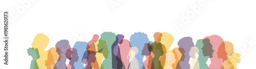 Social issues. Alienation of people. Loneliness in crowd. Persons alienation. Psychological problem. Mental disorder. Economic crisis. Group colored silhouette people from the side. People portraits. 