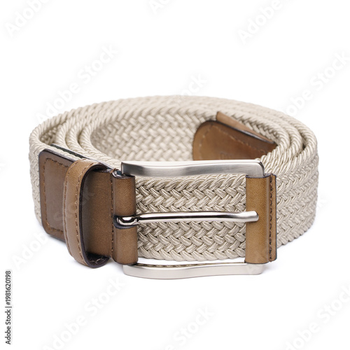 Beige Braided Belt with Leather Details and Metal Buckle