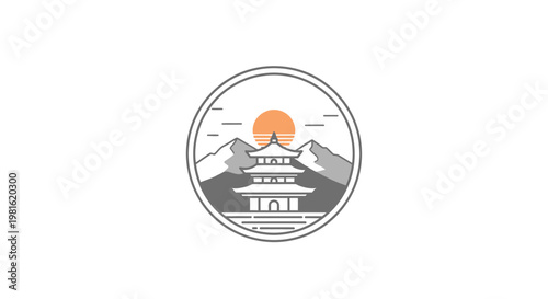 Buddhist temple mountain landscape icon.