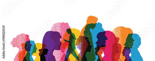 Social issues. Alienation of people. Loneliness in crowd. Persons alienation. Psychological problem. Mental disorder. Economic crisis. Group colored silhouette people from the side. People portraits. 