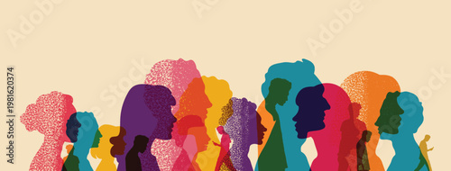 Social issues. Alienation of people. Loneliness in crowd. Persons alienation. Psychological problem. Mental disorder. Economic crisis. Group colored silhouette people from the side. People portraits. 