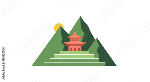 Chinese Temple on Mountain Steps.