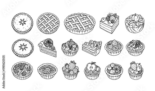 SEO Title
Hand drawn fruit tart and pie outline collection bakery dessert line art vector isolated on white background