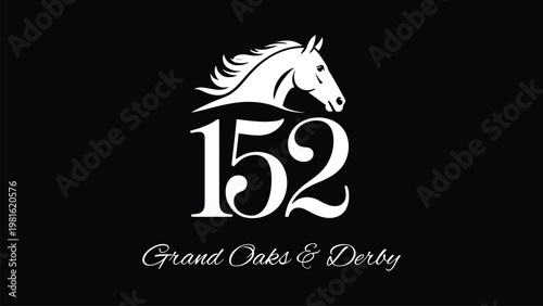 Professional Title (170 characters):
Grand Oaks and Derby horse racing event logo with white stallion head silhouette and number 152 on black background, equestrian sports championship vector illustra