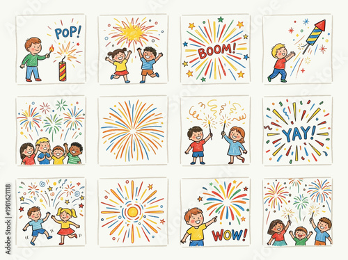 Children celebrating festive fireworks display with colorful explosion of joy and excitement in a playful cartoon style for kids
