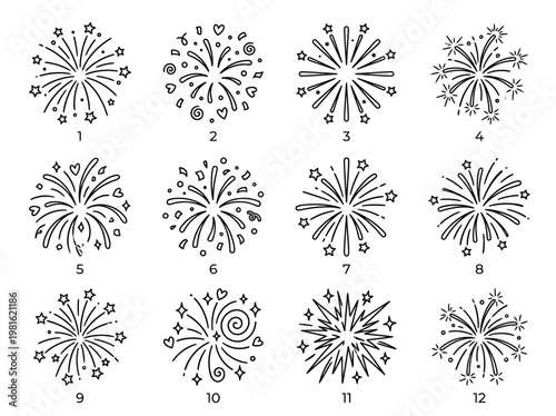 Collection of 12 unique abstract fireworks designs, black and white line art style, various shapes and patterns, decorative elements, festive and celebratory context, vector graphics
