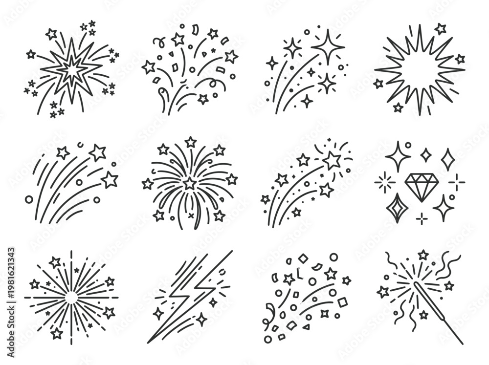 Obraz premium Collection of various black line art firework explosion icons with stars and sparkles in different shapes and styles on white background, simple hand-drawn festive designs