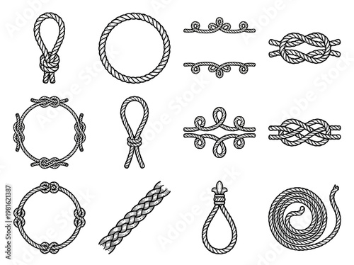 A detailed collection of various nautical knots and rope designs in a line art style on a white background for crafting and sailing concepts