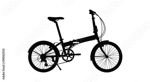 A sleek black folding bicycle is prominently displayed in a stark silhouette