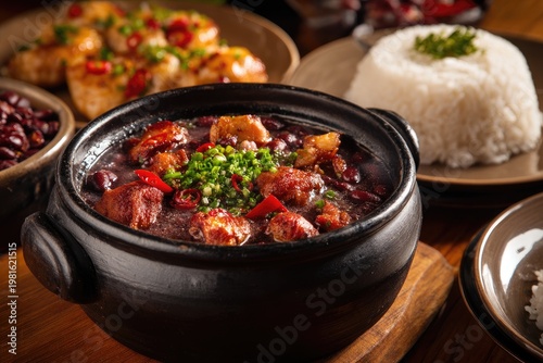 Hearty bean stew in a black pot, surrounded by rice and roasted chicken dishes