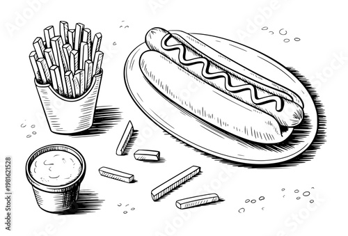 Hand-drawn black and white of hot dog with fries and dip white background french