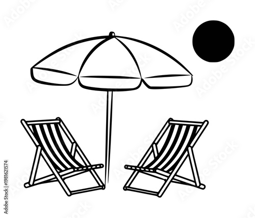 Striped beach chairs under a parasol with a sun isolated white umbrella vacation