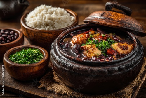 Hearty black bean stew in rustic clay pot, with rice and side dishes, warm wood backdrop