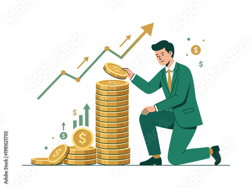 Businessman in green suit stacking gold coins with financial growth graphs and symbols, depicting investment success and profit increase in a modern, minimalist flat design style.
