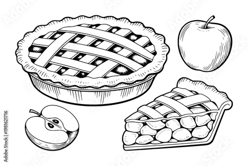 Hand-drawn apple pie, slice, and whole apples white background, fruit