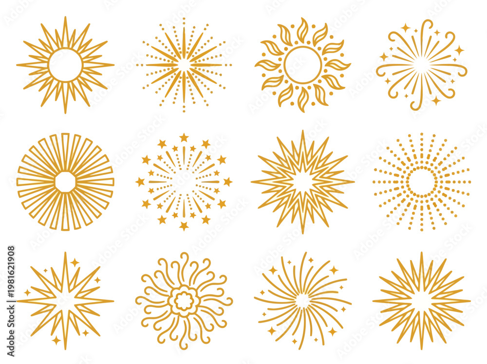 Obraz premium Golden abstract sunburst shapes, artistic decorative elements, burst of lines and dots, creative vector graphics, modern floral motifs, elegant design components