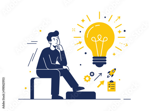 A thoughtful businessman sitting on cube having creative idea with lightbulb above him, symbolizing innovation and inspiration in business, modern minimalist flat design style.