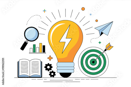 Bright idea lightbulb with target, magnifying glass, book, gears, and paper airplane