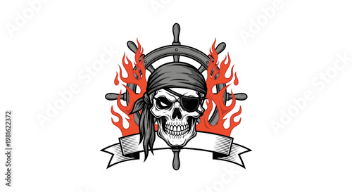 Pirate Skull with Ship Wheel and Flames - Nautical Design