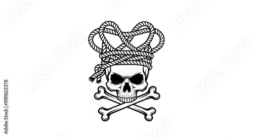Pirate Skull with Rope Crown and Crossed Bones - Nautical Symbol