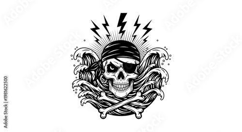 Pirate Skull with Waves and Lightning - Nautical Vintage Illustration