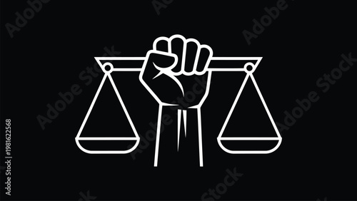 Professional Title (170 characters):
Justice and human rights concept with a raised fist holding scales of justice outline on black background, legal empowerment and civil rights protest vector illust