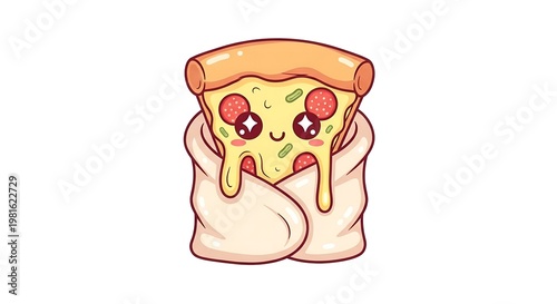 Cute cartoon slice of pepperoni pizza in a napkin isolated on white background