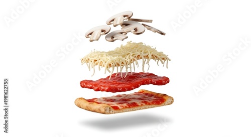 Delicious pizza ingredients floating in midair, including crust, sauce, pepperoni, cheese, and mushrooms on a white background