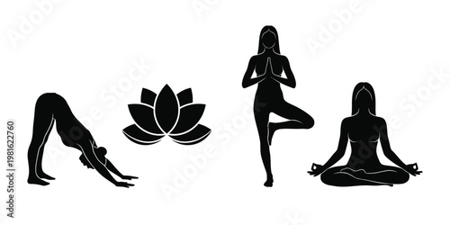 Yoga silhouettes a collection of poses and lotus flower illustration