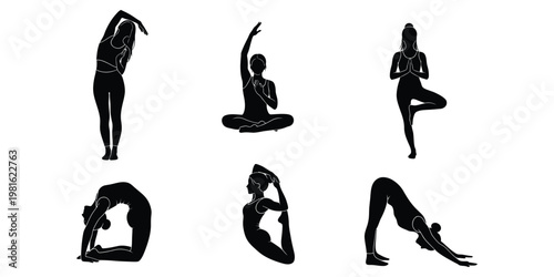 Yoga silhouettes a collection of six dynamic poses in black