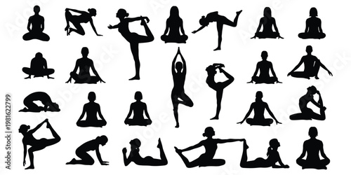 Silhouettes of people performing various yoga poses on a white background
