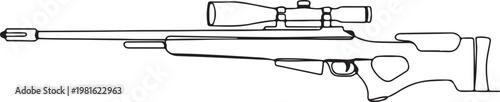 Powerful hunting rifle with a scope depicted in a minimalist black and white line art style.