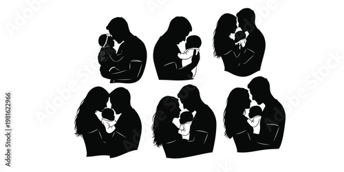 Silhouettes of couples embracing a romantic and intimate black and white image