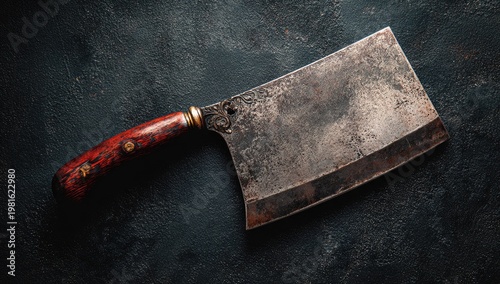 Heavily used, old meat cleaver with red wood handle on dark textured background