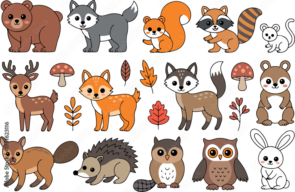 Obraz premium Forest animals flat vector set with bear fox deer owl squirrel raccoon hedgehog mushrooms and autumn leaves