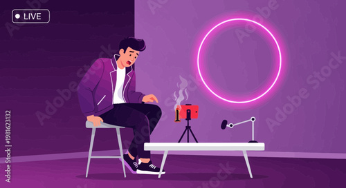 Frustrated streamer with smoking phone and ring light during live broadcast