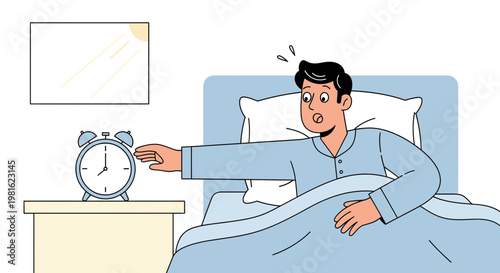 Man Wakes Up Startled by Alarm Clock in Morning Sunlight