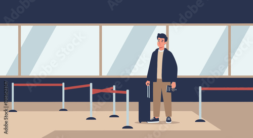 Man with luggage at airport security check, waiting in line for boarding