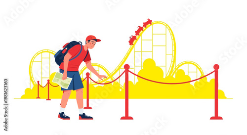 Man with map at amusement park queue for rollercoaster ride, summer vacation fun