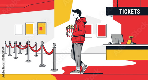 Man with popcorn walks through cinema lobby towards ticket counter