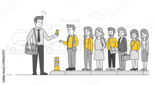 Man with smartphone shows app to people waiting in line at bus stop