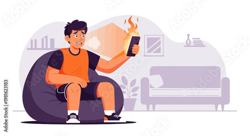 Man's phone overheating and catching fire while he sits on a beanbag chair at home.