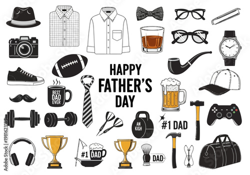 Happy Father's Day Illustration Set with Masculine Icons, Sports Gear, Hobbies, and Lifestyle Elements. Flat Vector Symbols for Dad, Paternal Celebration, and Men's Interests.